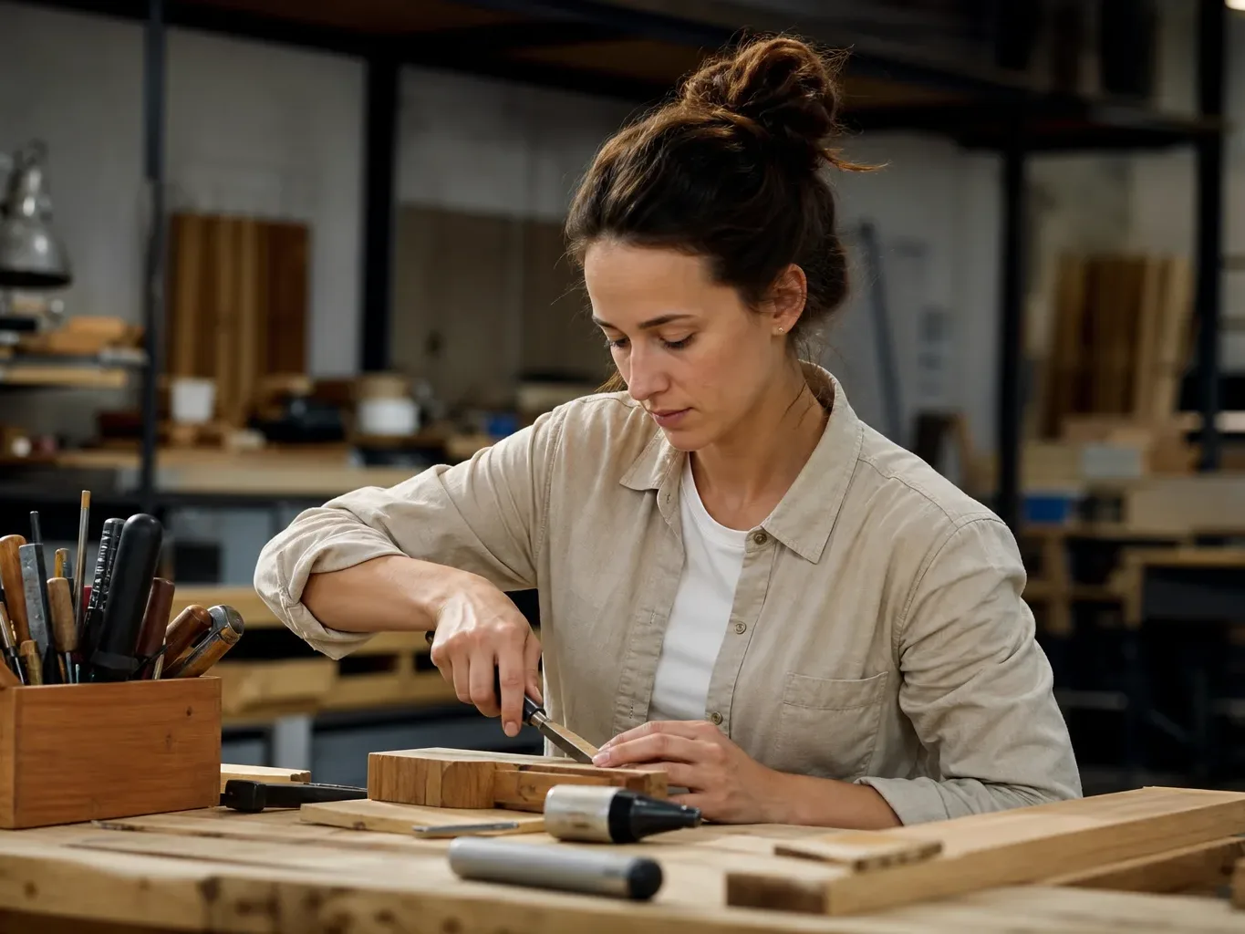 A carpenter uses a chisel on a wooden block at a workshop bench surrounded by hand tools.