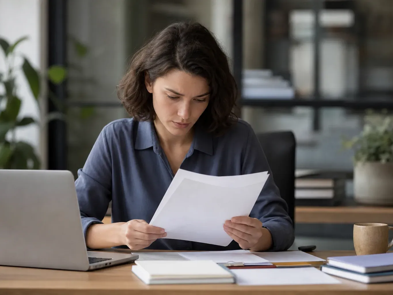A person sits at an office desk reading a document, with a laptop, notebooks, and a mug nearby.
