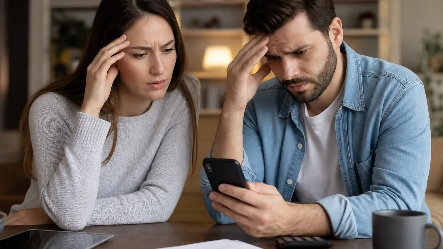 Two people sit at a table looking stressed at a phone, with papers, a tablet, and a mug nearby.