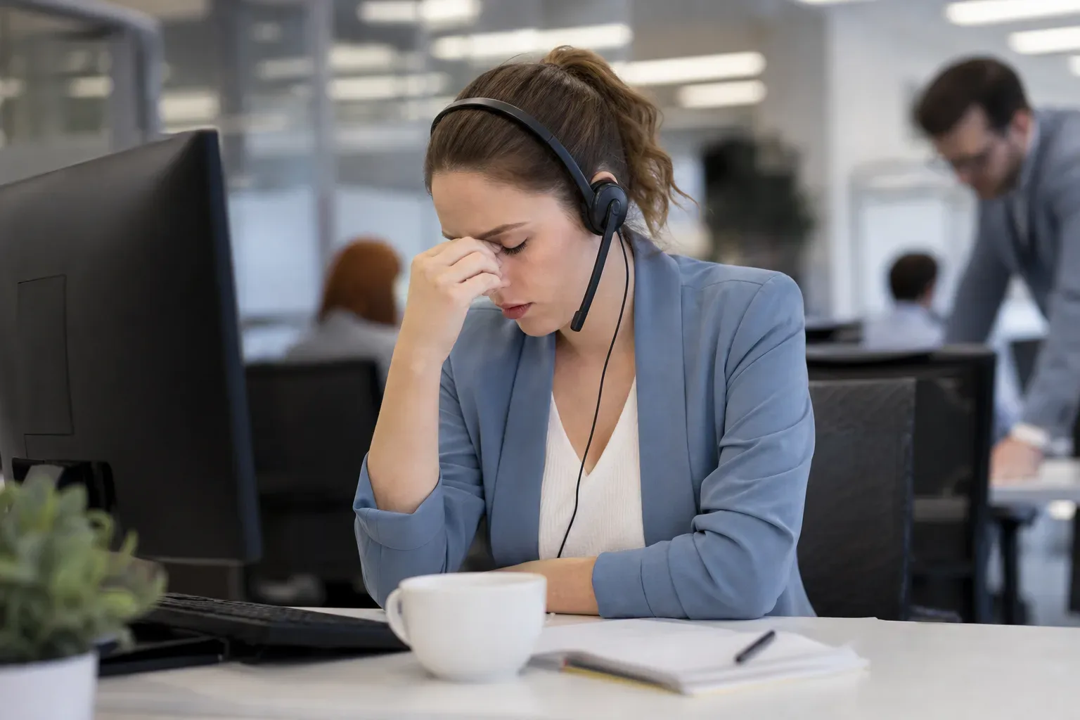 A call centre worker wearing a headset sits at a desk, pinching the bridge of their nose in apparent frustration or fatigue.