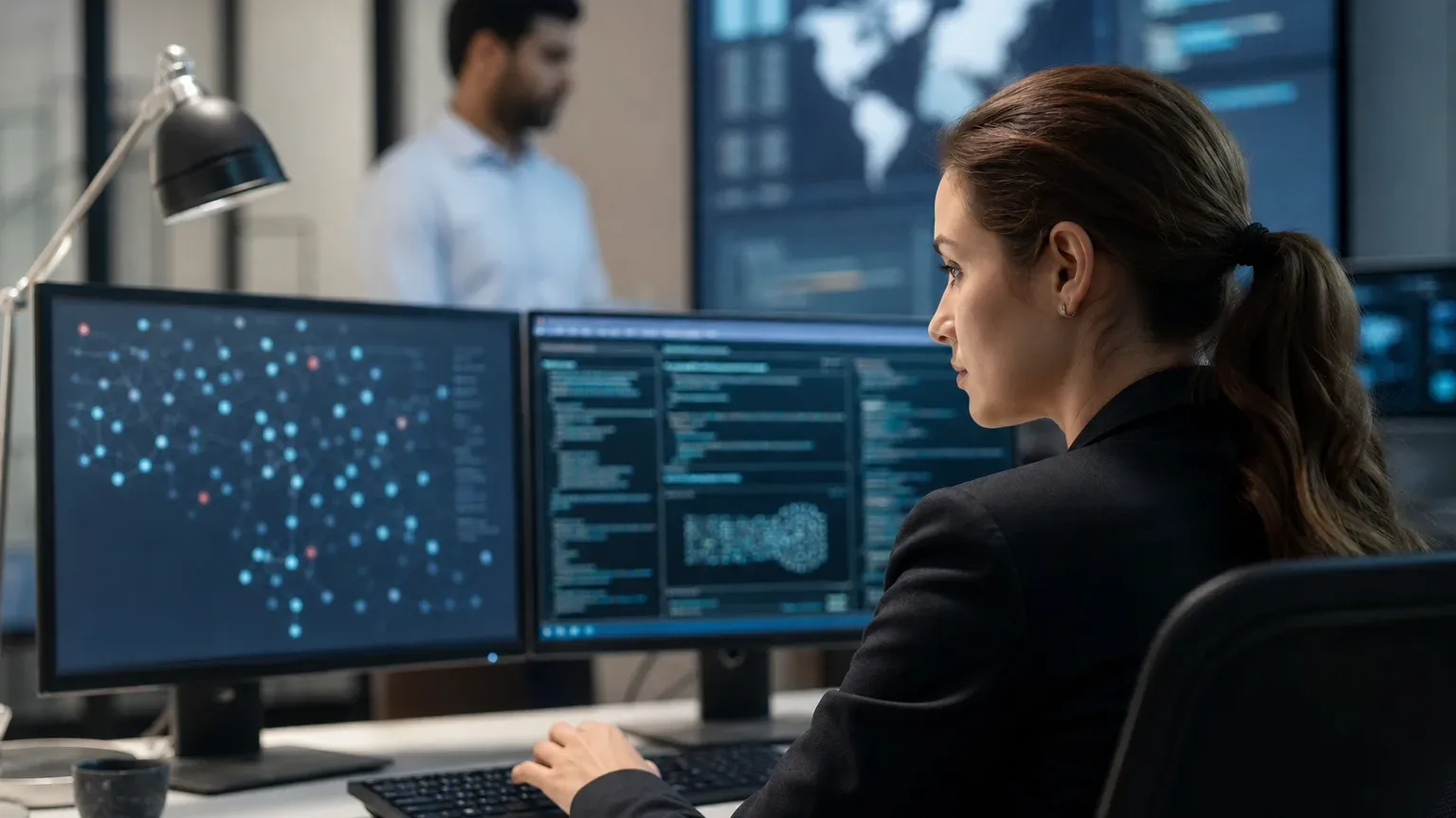 Two people in a dimly lit office, one seated at a multi-monitor workstation displaying data visualisations, one standing in the background.