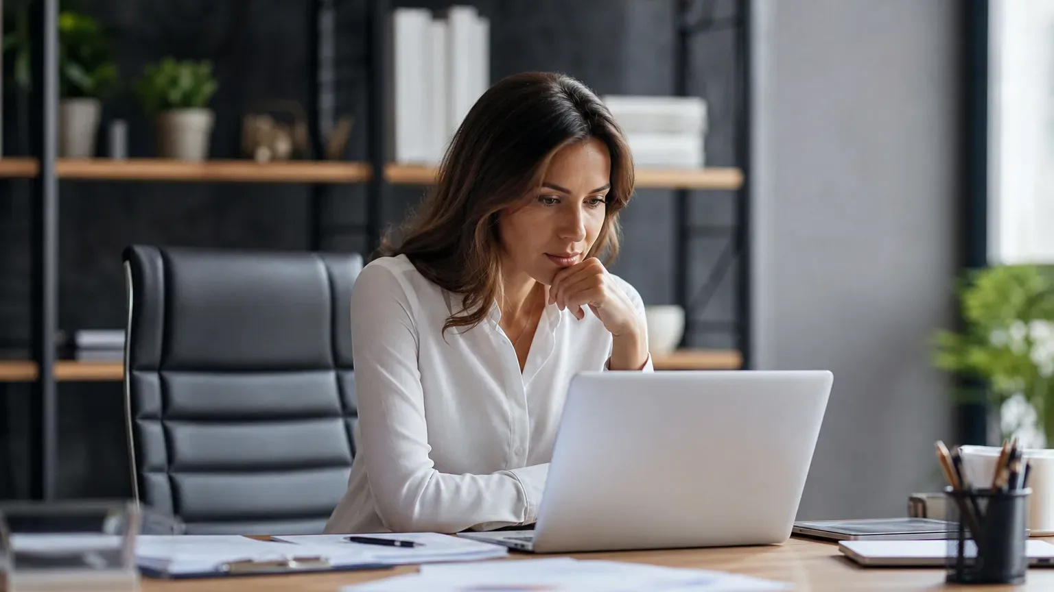A person in a white shirt sits at a desk, studying a laptop screen with papers and stationery nearby.